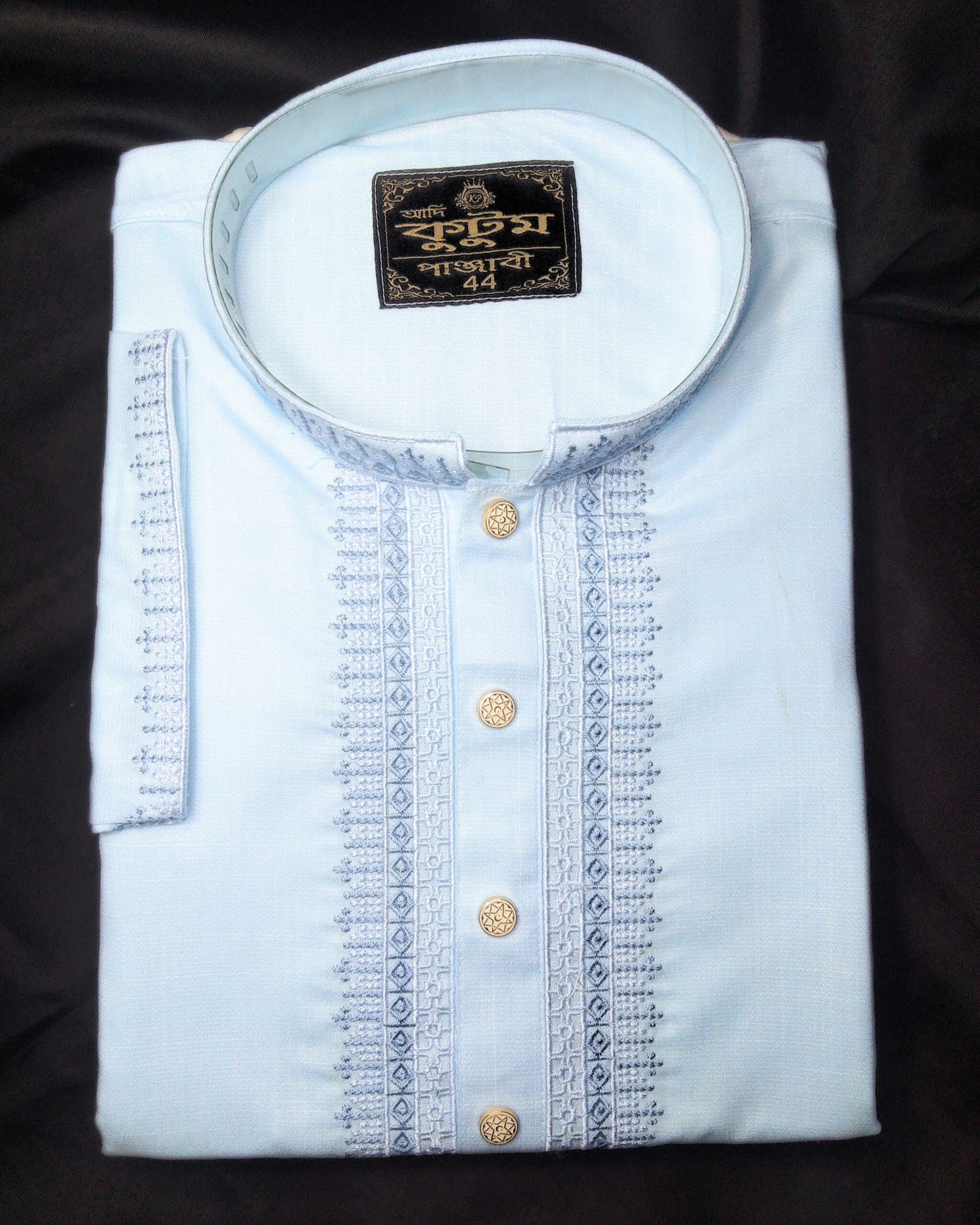 Chomok Fabric Soft Sky Blue Embroidery Punjabi for Men