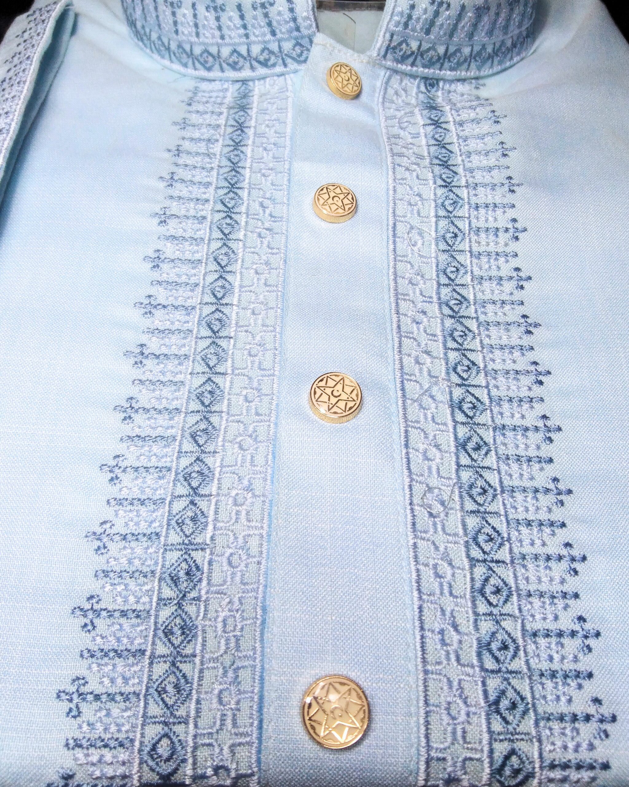 Chomok Fabric Soft Sky Blue Embroidery Punjabi for Men